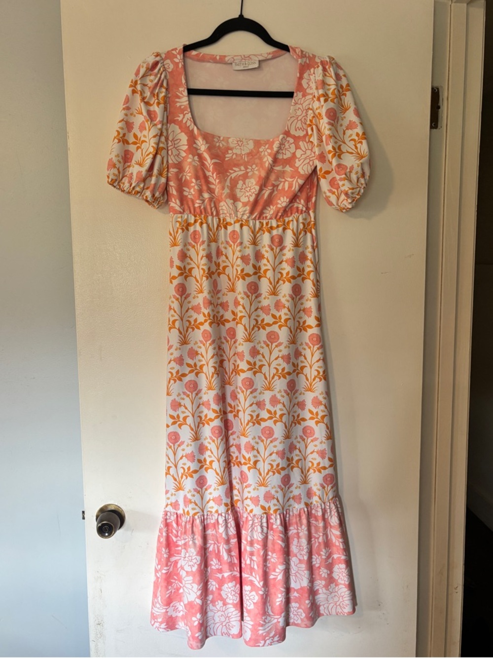 Floral Puff-Sleeve Maxi Dress in Coral and Yellow -  Women